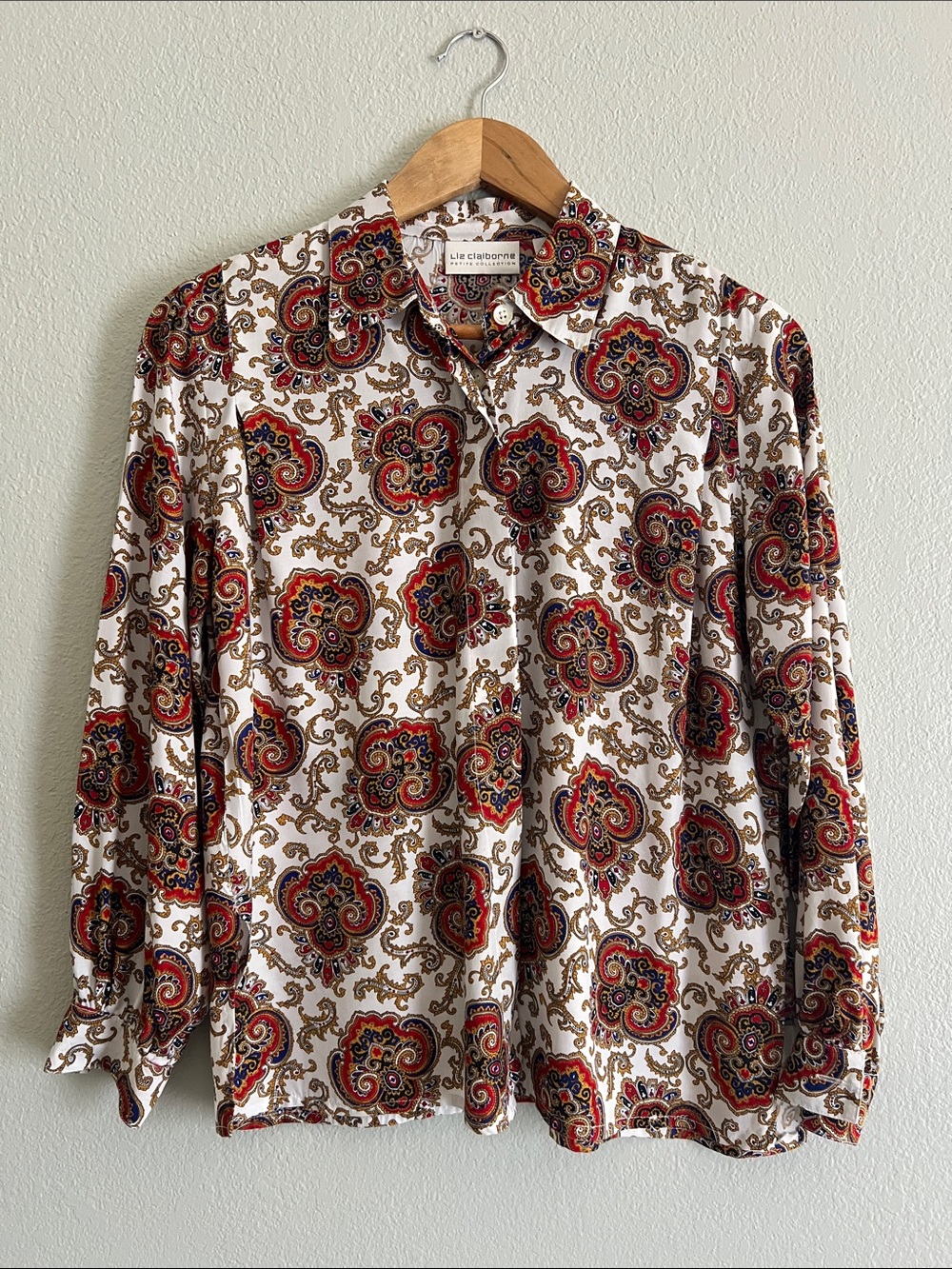 80’s Liz Claiborne Cream Paisley Button-Down Shirt with Red & Brown Accents